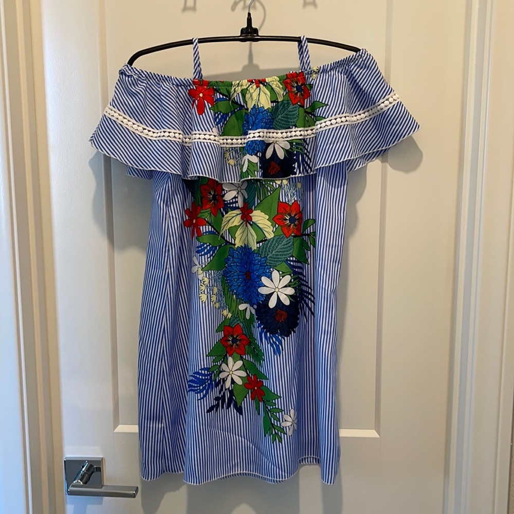 Girls blue and white striped floral sun dress.